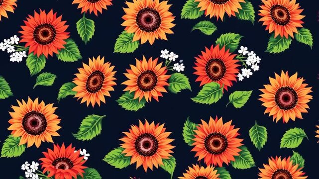 A vibrant repeating pattern of orange and yellow sunflowers, green leaves, and small white flowers on a navy blue background