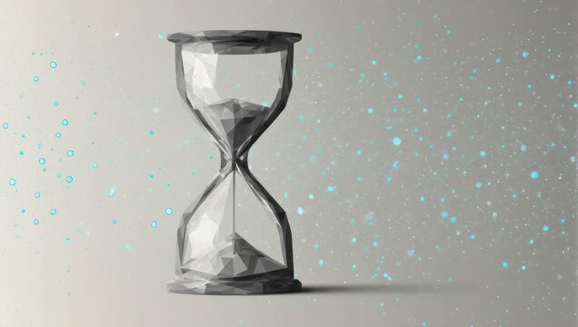 Abstract geometric hourglass symbolizes the relentless passage of time amidst digital particles and futuristic glow