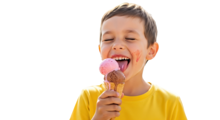 Young boy with eyes closed licking a strawberry and chocolate ice cream cone, isolated on transparent background