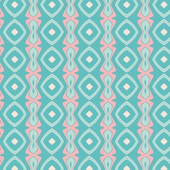 Retro-inspired geometric seamless pattern in pastel teal and pink, featuring alternating rows of diamonds and abstract oval shapes