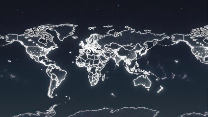 Discover a glowing world map at night, showcasing continents and countries with illuminated cities, symbolizing global connection and modern technology.