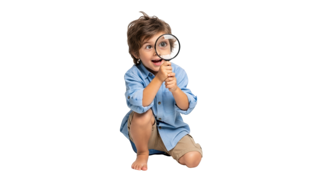 Young boy looking through a magnifying glass, isolated on transparent background