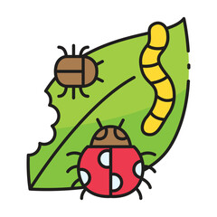 Cartoon illustration of bugs and a worm on a green leaf