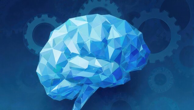 Gleaming crystal geometric brain with intricate gears in background symbolizes advanced AI and complex thought processes for innovation