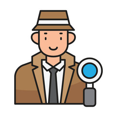 Cartoon detective in a trench coat and hat holding a magnifying glass