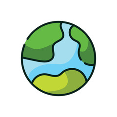 Cartoon earth with green landmasses and blue water