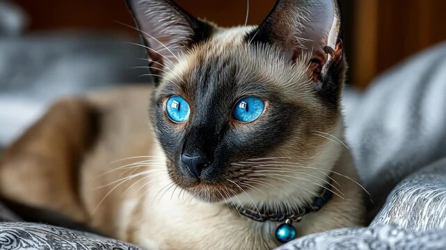 Elegant Siamese cat with striking blue eyes rests on a patterned blanket indoors.
