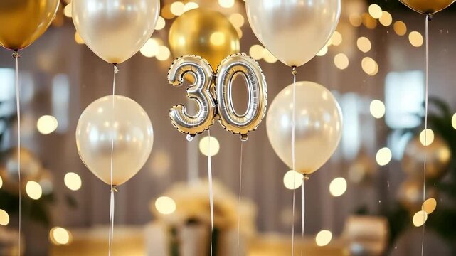 Elegant 30th birthday celebration with balloons and soft, festive lighting.