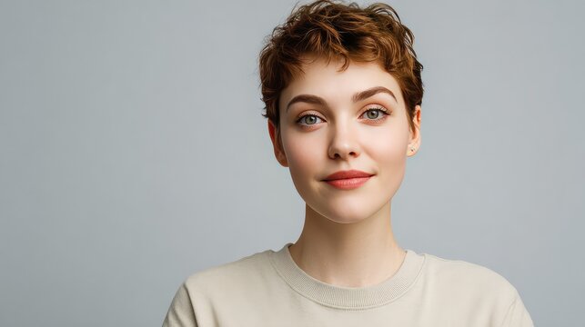 Young woman with short hair and natural makeup poses confidently against a plain background, highlighting fresh beauty and approachable demeanor in a studio portrait setting.