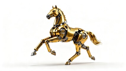 Fototapeta premium A 3D golden mechanical horse isolated on a white background