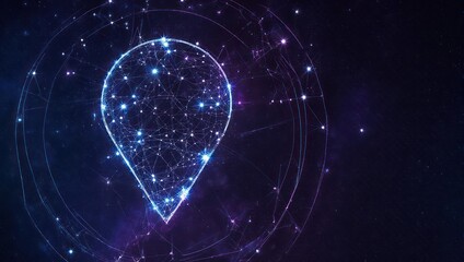 Dynamic digital network map with luminous pin marker glowing against starry cosmic background for global connectivity concepts