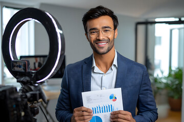 Indian Business Man Presenting Data With Graphs in a Modern Office Setup, Engaging Video Content Creation, Professional Presentation