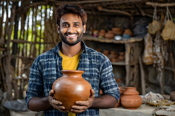 Skilled Indian Potter Showcasing Handmade Clay Pot in Rural Artisan Workshop, Smiling Craftsman Surrounded by Pottery Tools and Materials