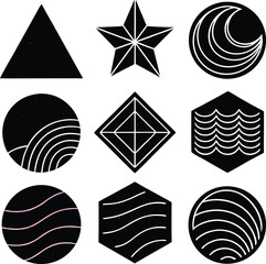 Set of 8 designs solid black silhouette abstract, triangle, star, circle, hexagon, wave, full black fill, realistic proportions, isolated on white background, vector-friendly, no text.