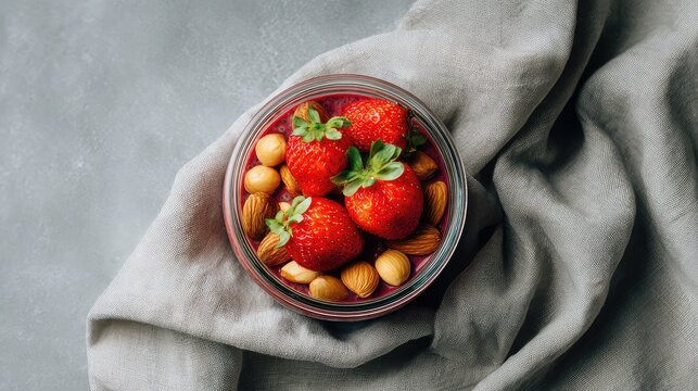 Fresh strawberries and almonds in a glass bowl sitting on a textured gray cloth background, showcasing healthy snacking options for food lovers and wellness enthusiasts.