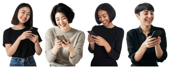 PNG Diverse women enjoying smartphones, element set on transparent background