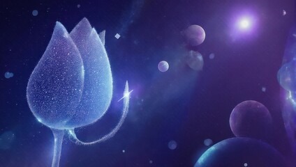 Breathtaking cosmic lotus flower glows with stardust amidst shimmering nebulae and distant planets, evoking wonder and spiritual discovery.