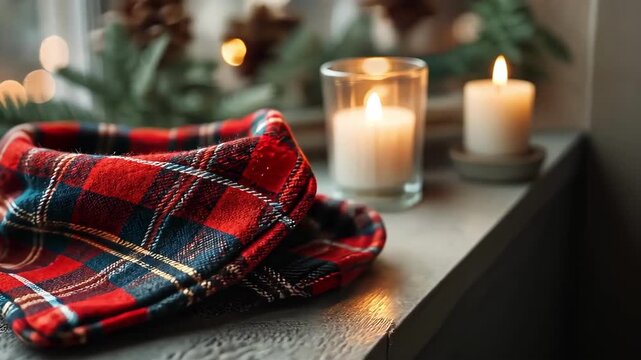 Festive plaid bandana with candles and greenery for a cozy Christmas scene.