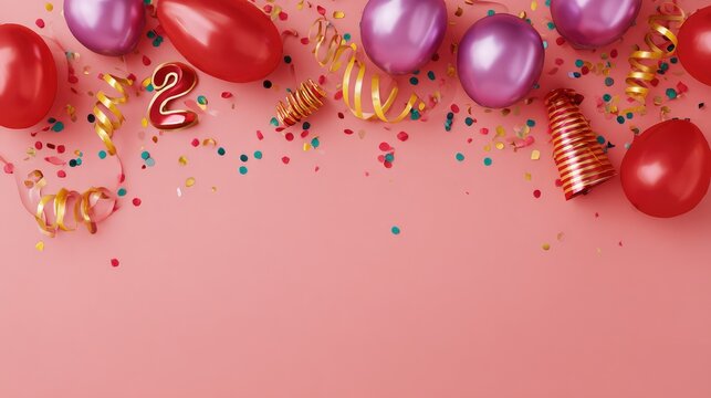 Colorful party decorations featuring red and purple balloons, streamers, confetti, and a festive atmosphere creating a vibrant celebration backdrop for joyful occasions