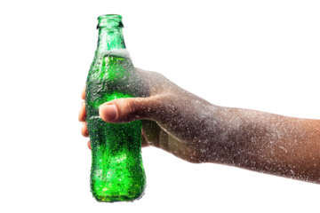 Hand holding a green glass bottle with bubbles isolated on transparent background