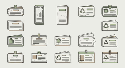 A collection of illustrated identification cards, security passes, and name badges with a muted, vintage design style.