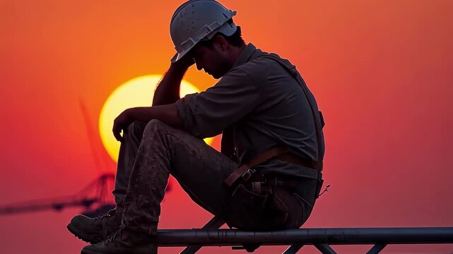 Construction worker sits dejected at sunset; a moment of reflection and fatigue.