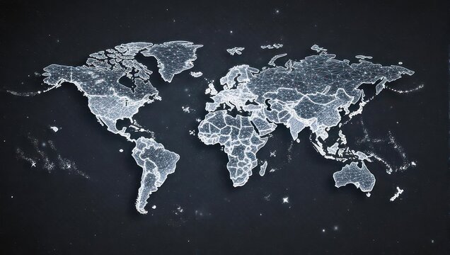Stunning global network map with interconnected lines and points creating a modern, digital representation of Earth against a dark, starry background