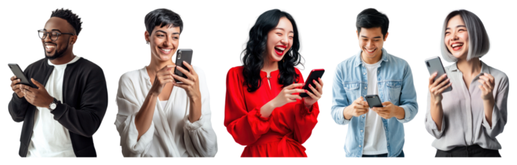 PNG Diverse people enjoying smartphones, element set on transparent background
