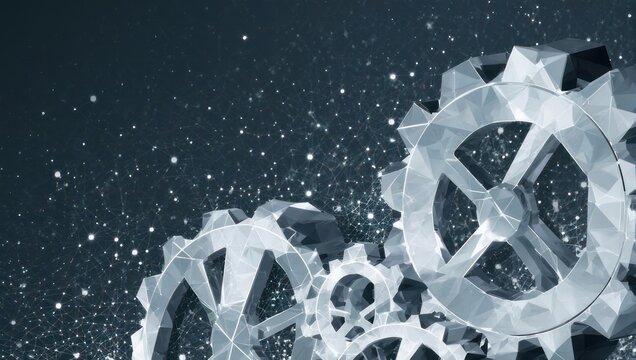 Dynamic metallic gears interlock in a futuristic network of glowing connections symbolizing innovation and industrial progress