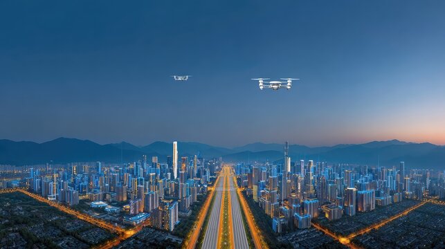 Aerial View of a Vibrant City at Dusk with Drones Flying Above Modern Skyline and Busy Roads Illuminated by City Lights and Mountain Background