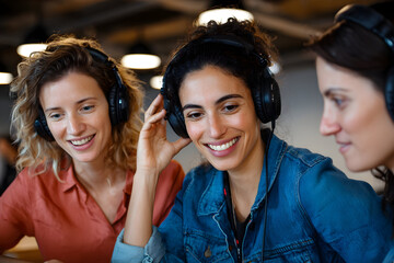 Women Enjoying Music Together in a Modern Workspace, Sharing Ideas and Laughter, Surrounded by Technology and Creativity