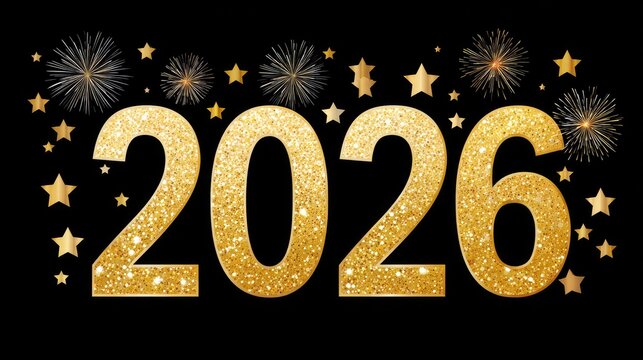 Sparkling 2026 Gold Numbers against a Black Background with Golden Stars and Festive Fireworks Creating a Festive New Year Atmosphere for Celebration