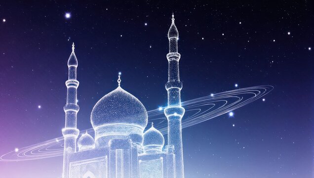 Stunning cosmic mosque rendered in ethereal light against a vibrant starry nebula sky with celestial rings