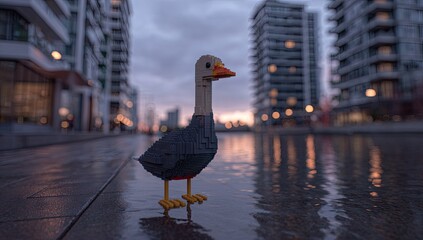 A stylized duck figurine positioned on a city street.