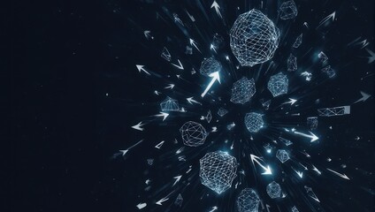 Dynamic abstract network of glowing geometric spheres and arrows in dark space, representing data flow, connection, and progress