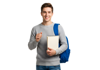 Happy young man carrying a backpack and a book, isolated on a white background, ready for study or travel