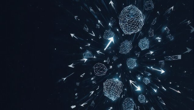 Dynamic abstract network of glowing geometric spheres and arrows in dark space, representing data flow, connection, and progress
