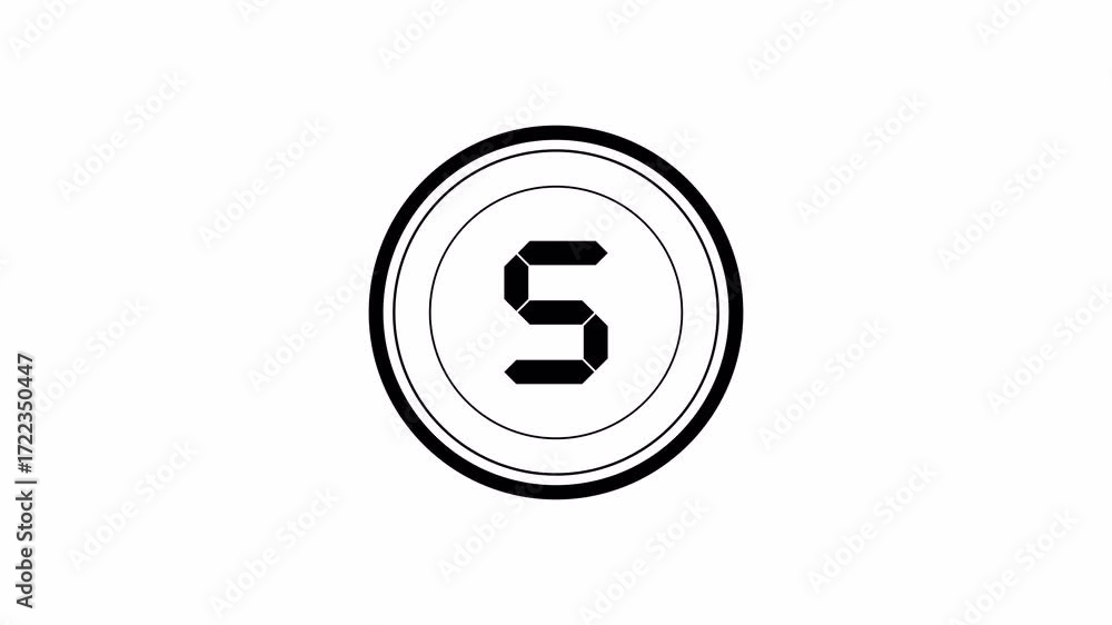 Poster animation circle countdown timer 5 seconds, number countdown from 5 to 0 with circular design.