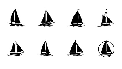 Sail boat logo silhouette vector design, sail boat logo icon silhouette, sailboat sailing ship logo vector illustration, sailboat and sailing ship vector silhouette logo design on white background	