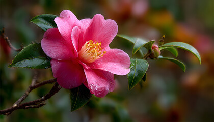 Obraz premium vibrant pink camellia in full spring bloom a close u