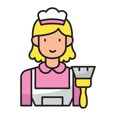 Cartoon person in pink uniform and apron holding paintbrush