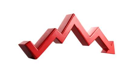Red downward trending graph isolated on transparent background.