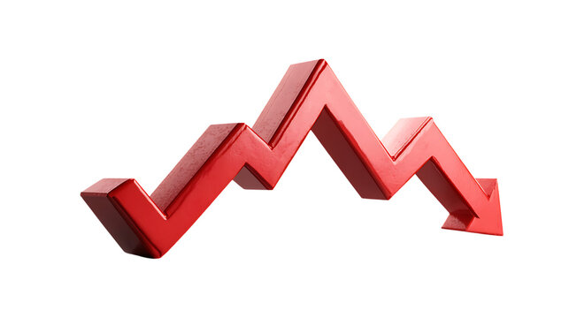 Red downward trending graph isolated on transparent background.