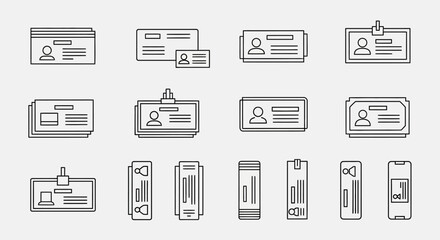 A collection of twelve different identification card and badge designs, displayed as outlined graphics on a light background.