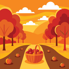 Autumn landscape with apple basket on a path fall trees