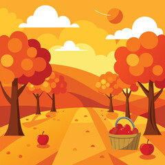 Autumn orchard with basket of apples and trees fall