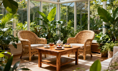 Cozy indoor garden lounge with wicker furniture and lush green plants in a sunlit conservatory