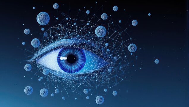 Stunning close-up of a vibrant blue eye surrounded by interconnected digital nodes and glowing spheres, symbolizing data, AI, and futuristic vision