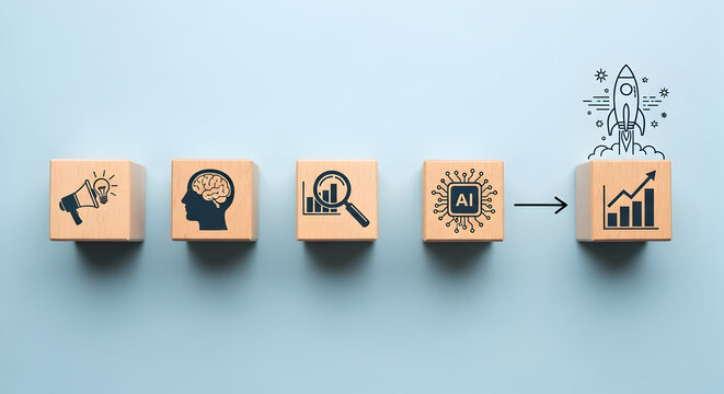 AI-Driven Business Growth: Wooden Blocks Depicting a Clear Progression to Success