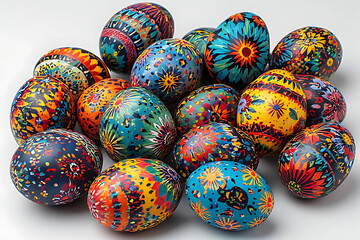 Obraz premium A pile of vibrant Easter eggs, each decorated with unique and colorful patterns.